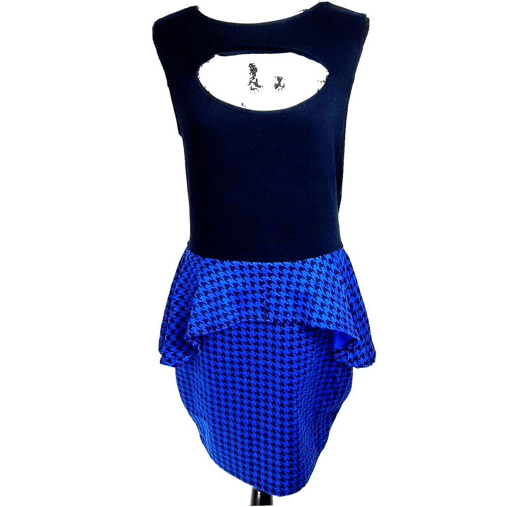 Vtg Apple Bottoms Y2K Cut Out Peplum Pencil Dress Large Blue Black Houndstooth